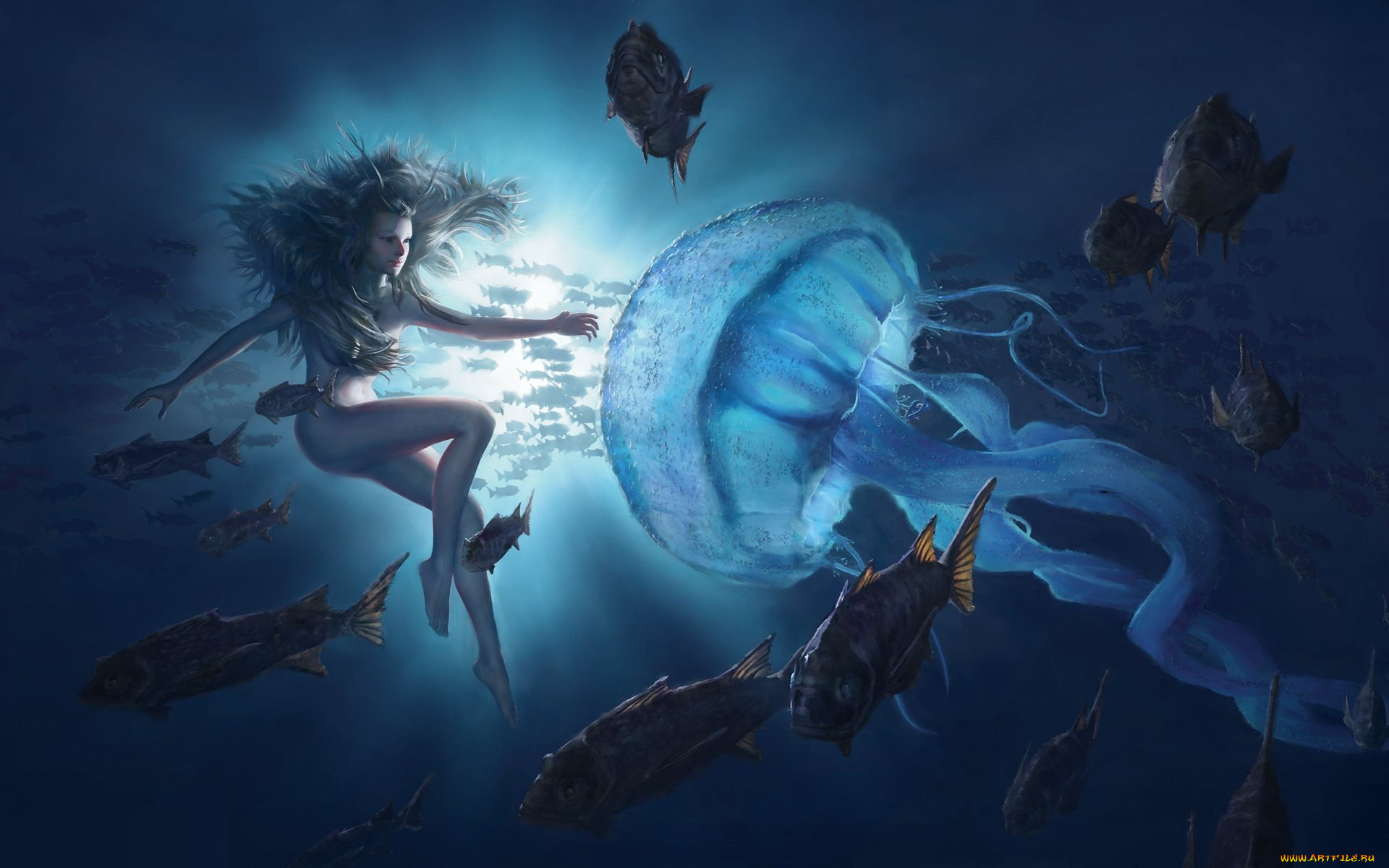 Жизнь в глубине моря. Русалочка медуза. Блуп Лавкрафт. Медуза арт. Фантастический подводный мир.